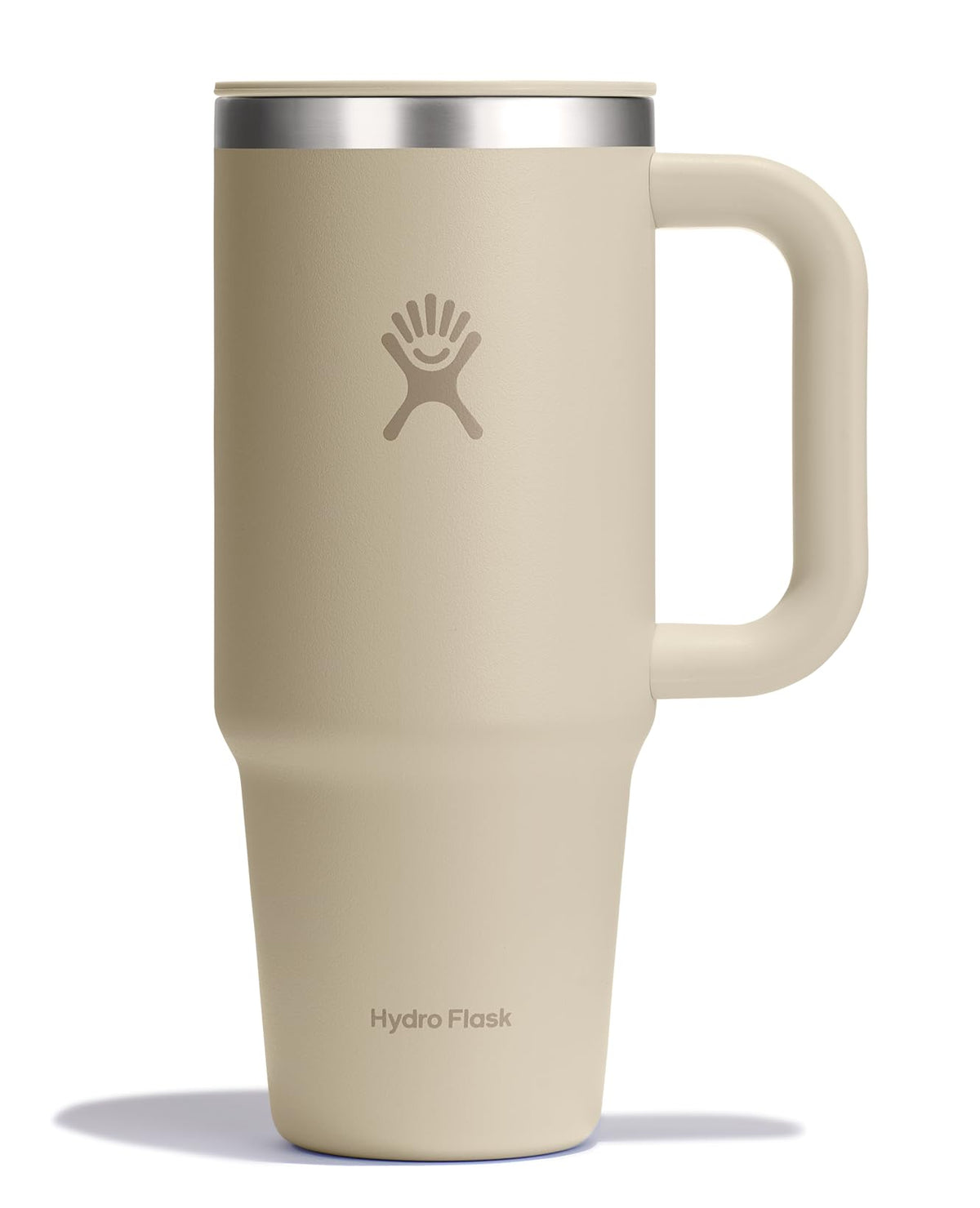 Hydro Flask front view showing oat tan finish and secure lid, durable everyday cup benefit