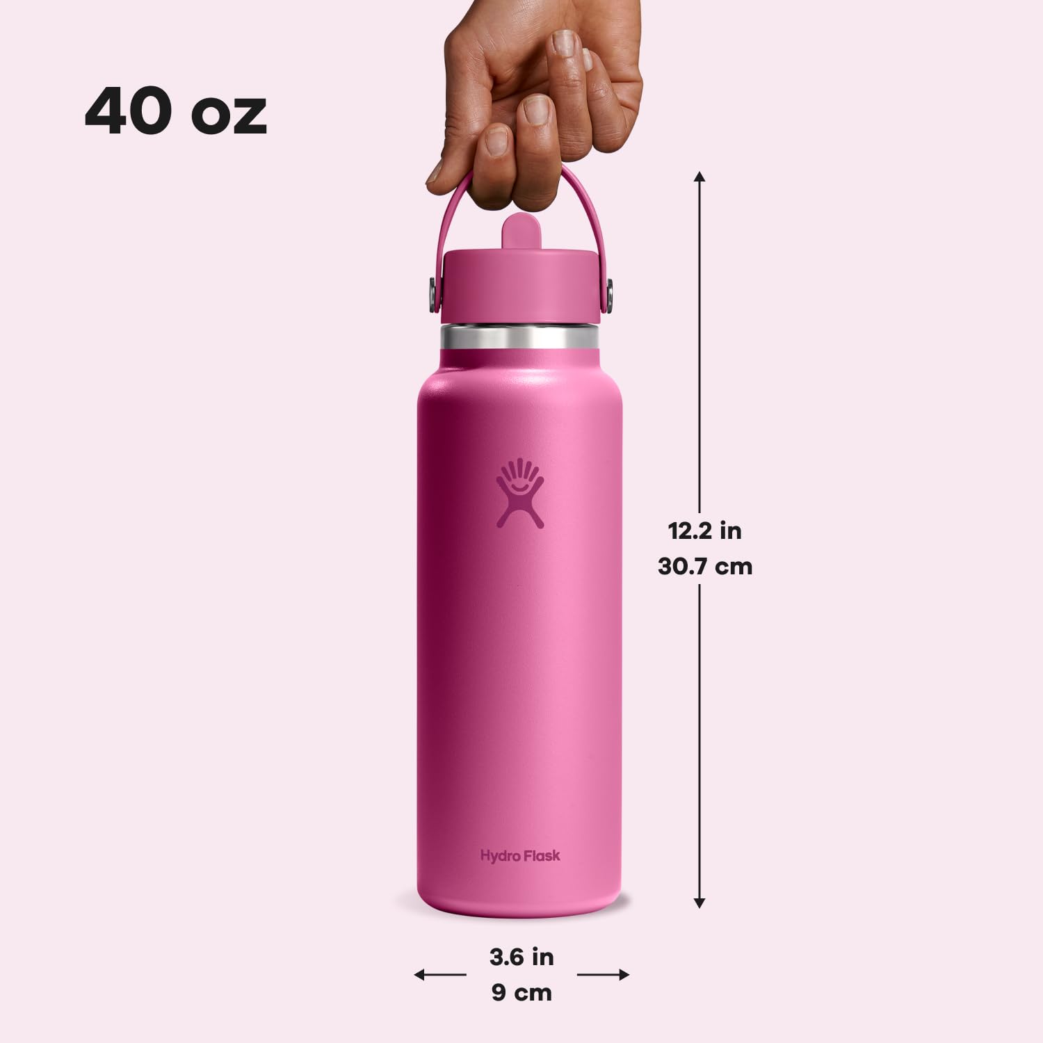 Hydro Flask reef pink finish close-up of logo showcasing durable, vibrant color