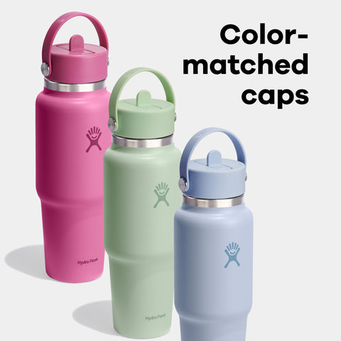 Hydro Flask straw lid open while sipping showing hands-free drinking advantage