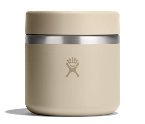 Hydro Flask front view of 20 oz food jar showing oat tan finish and portability benefit