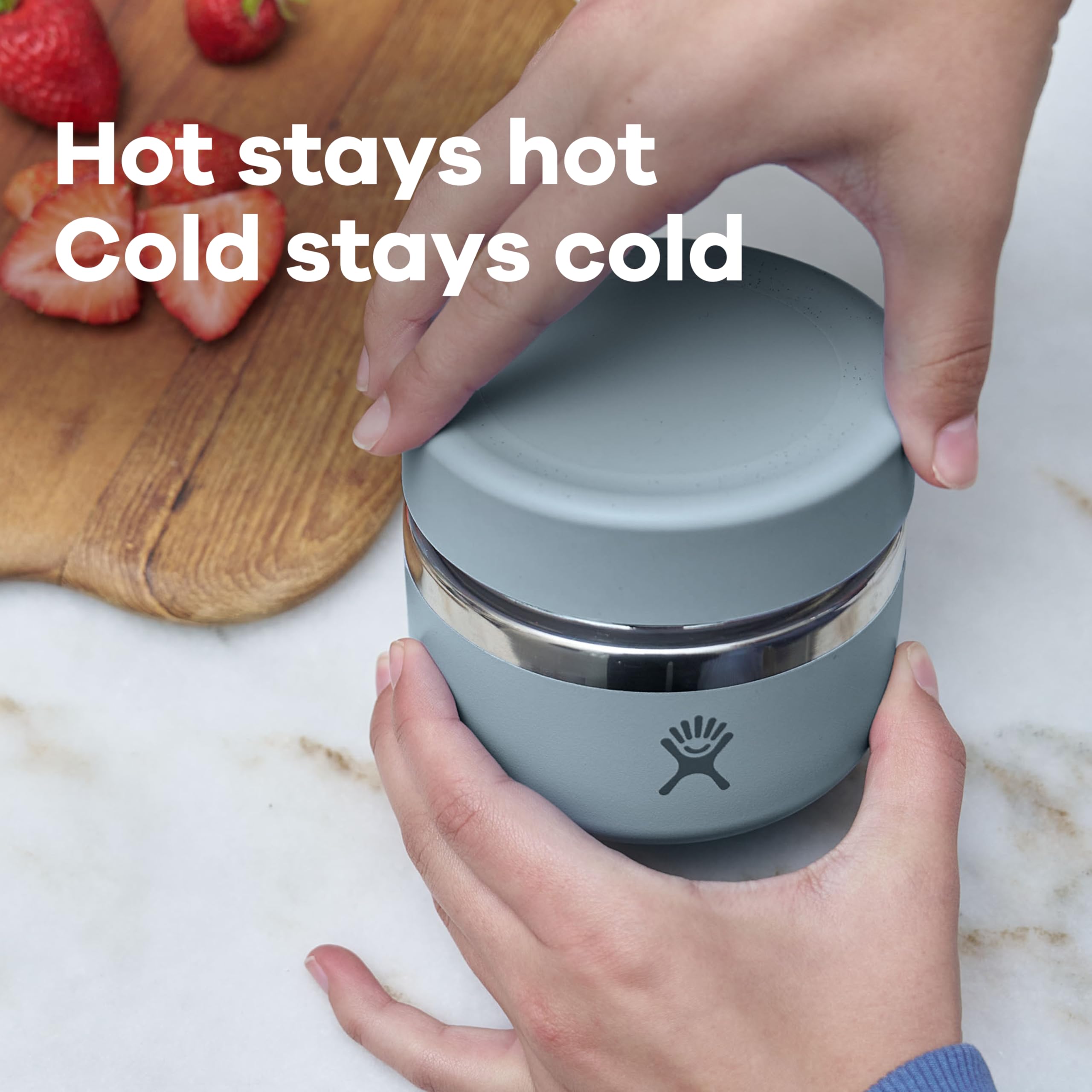 Hydro Flask food jar on picnic blanket with food nearby, showing travel-ready convenience