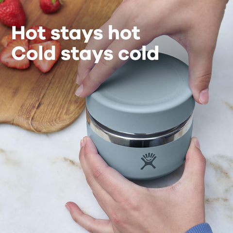 Hydro Flask food jar on picnic blanket with food nearby, showing travel-ready convenience