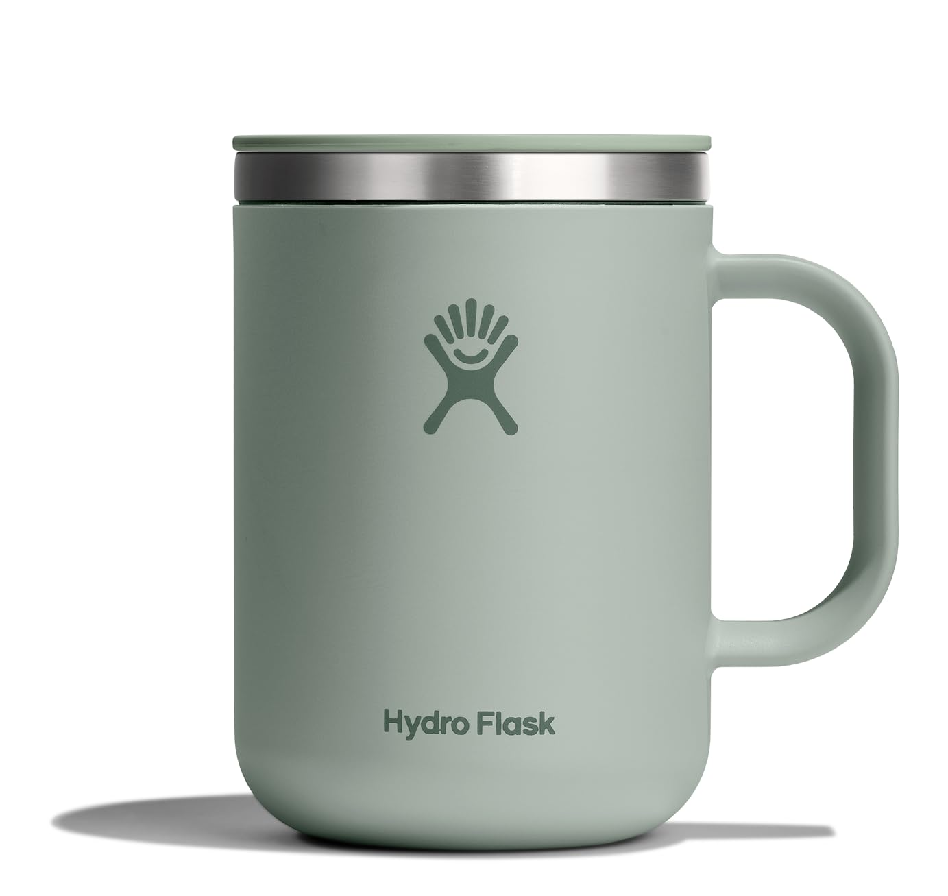 Hydro Flask front view showing agave green finish and leak-resistant lid benefit