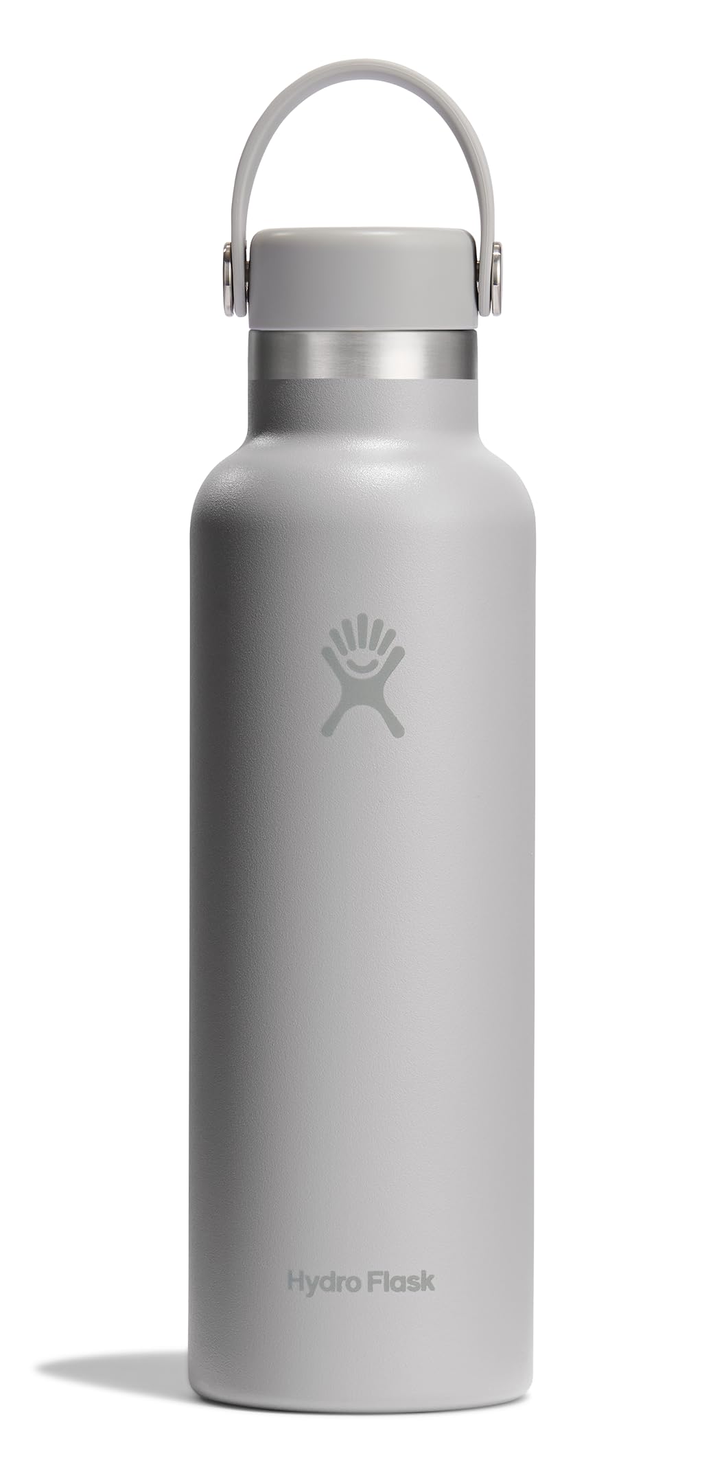 Hydro Flask front view of 21 oz birch gray bottle showing sleek finish and portability benefit