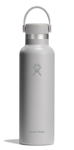 Hydro Flask front view of 21 oz birch gray bottle showing sleek finish and portability benefit