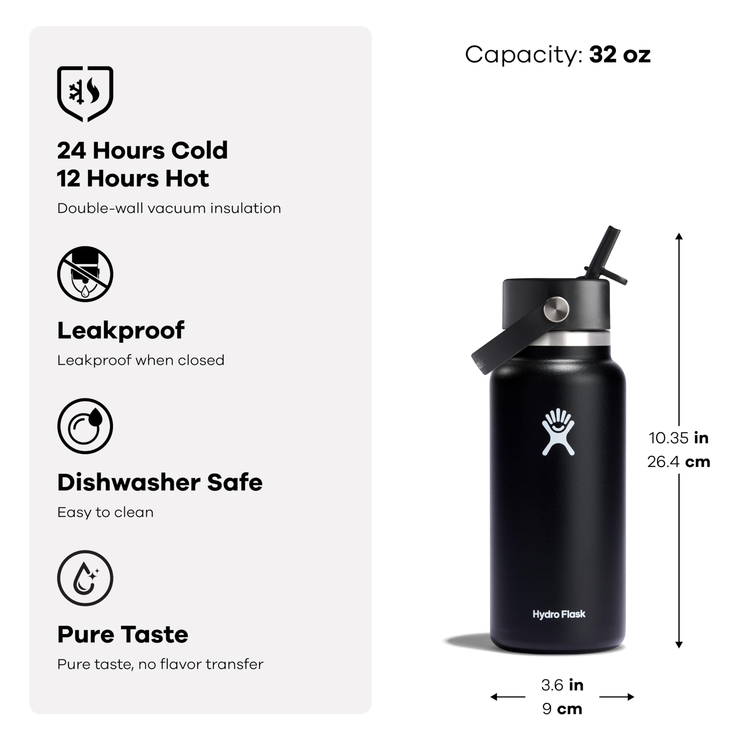 Hydro Flask held in hand demonstrating 32 oz capacity and scale
