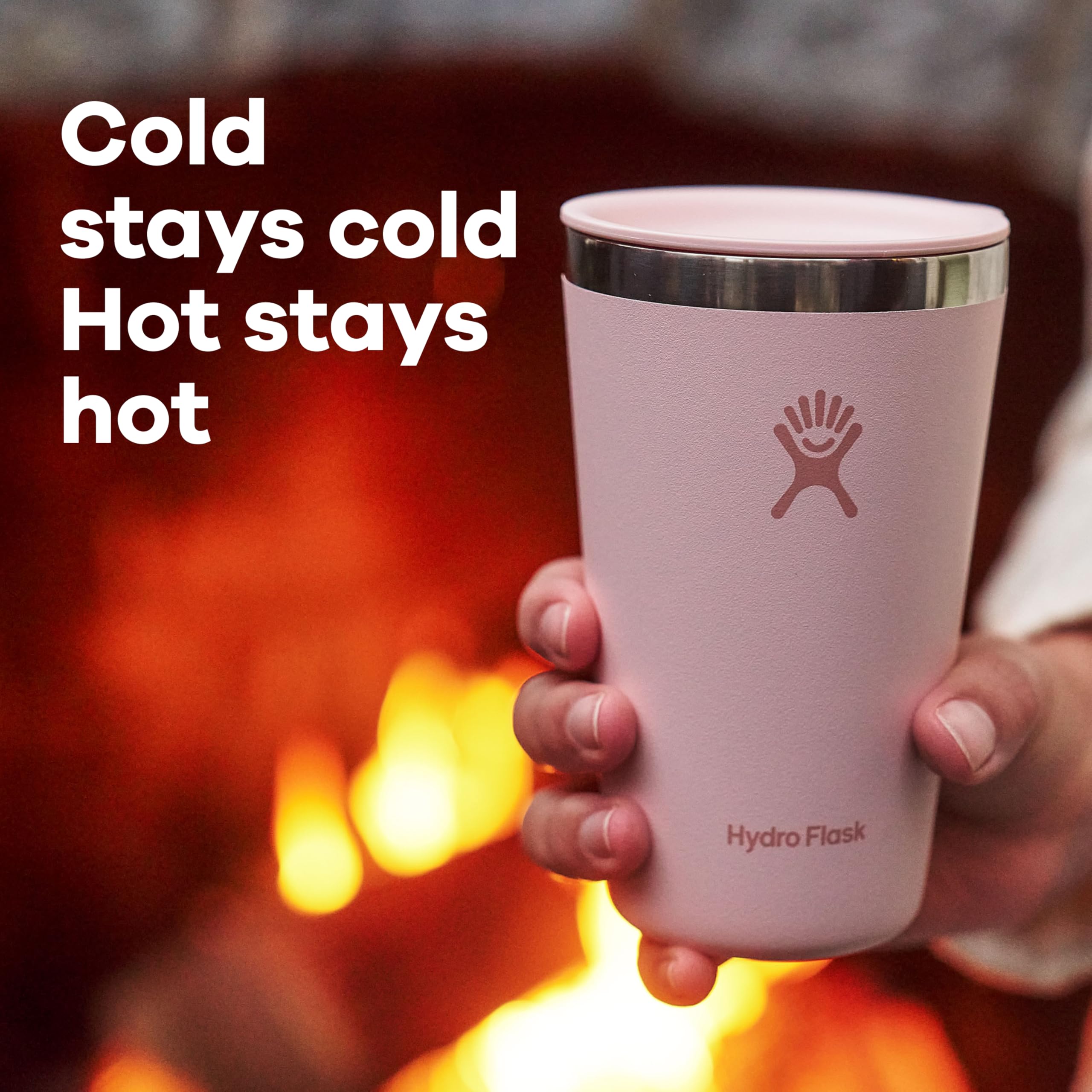 Hand holding Hydro Flask tumbler to show 16 oz scale and comfortable grip