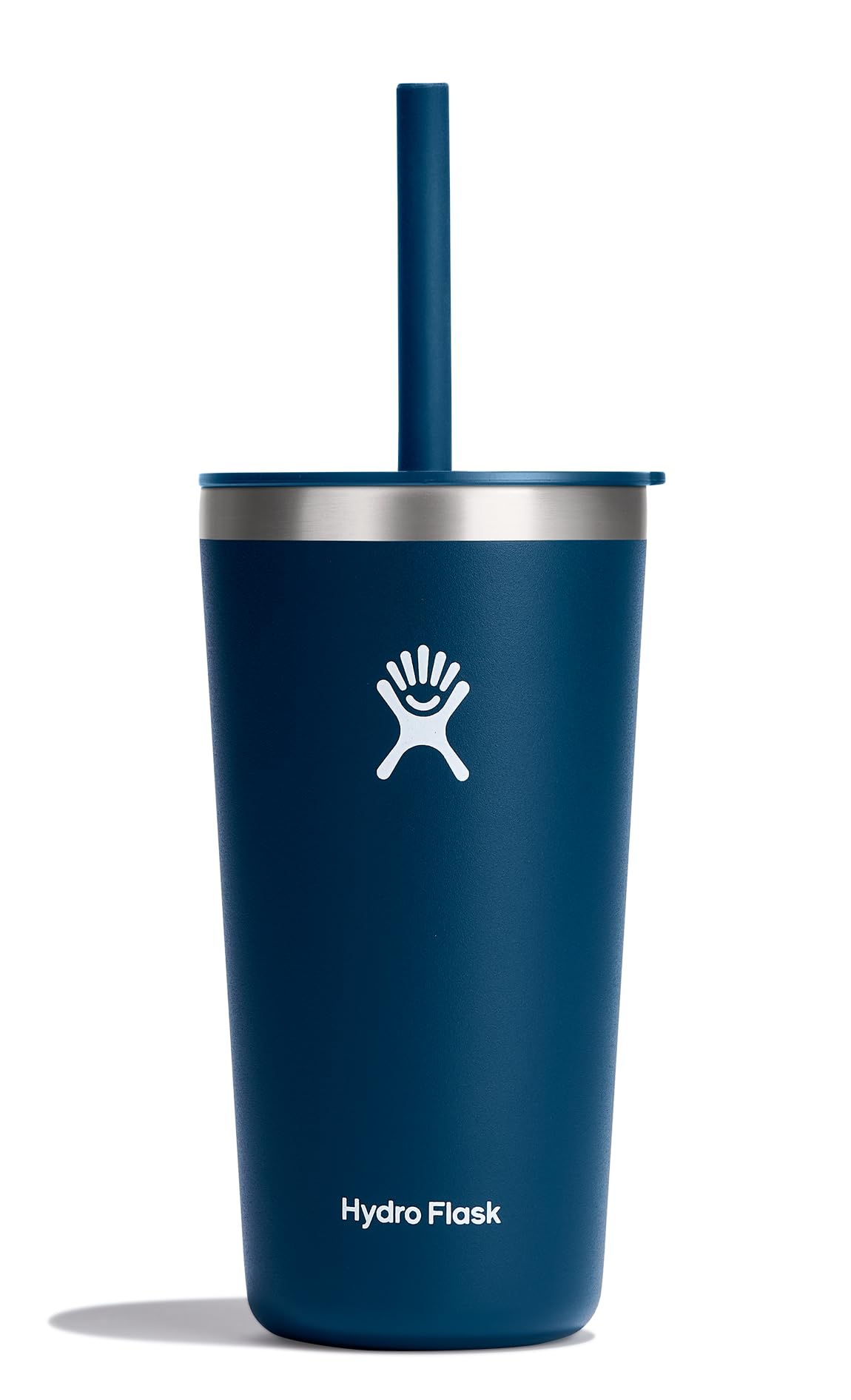 Hydro Flask front view showing indigo tumbler and straw lid for stylish hydration