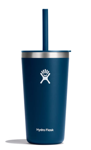 Hydro Flask front view showing indigo tumbler and straw lid for stylish hydration