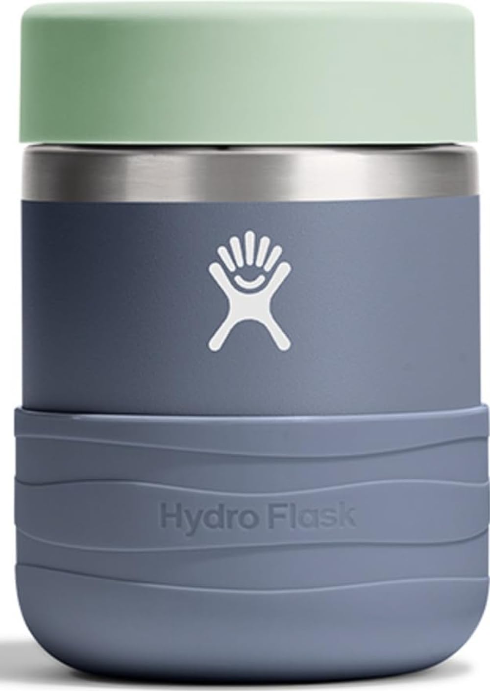 Hydro Flask front view of Koala Gray kid food jar showing lid and boot for easy grip and protection