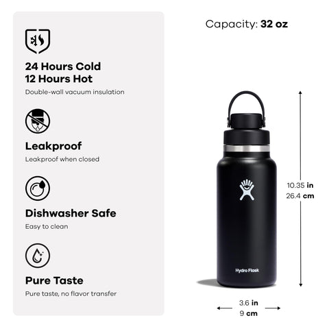 Hydro Flask label and cap detail showing TempShield insulation marking and leakproof closure benefit