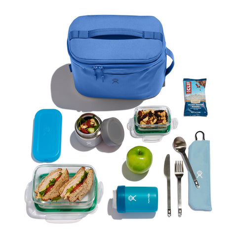 Hydro Flask on a desk with lunch showing commute-ready benefit