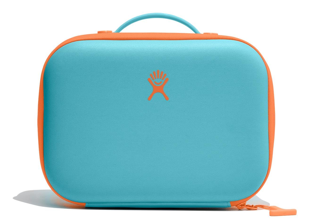 Hydro Flask front view in seaspray blue showing durable exterior and easy-carry handle benefit