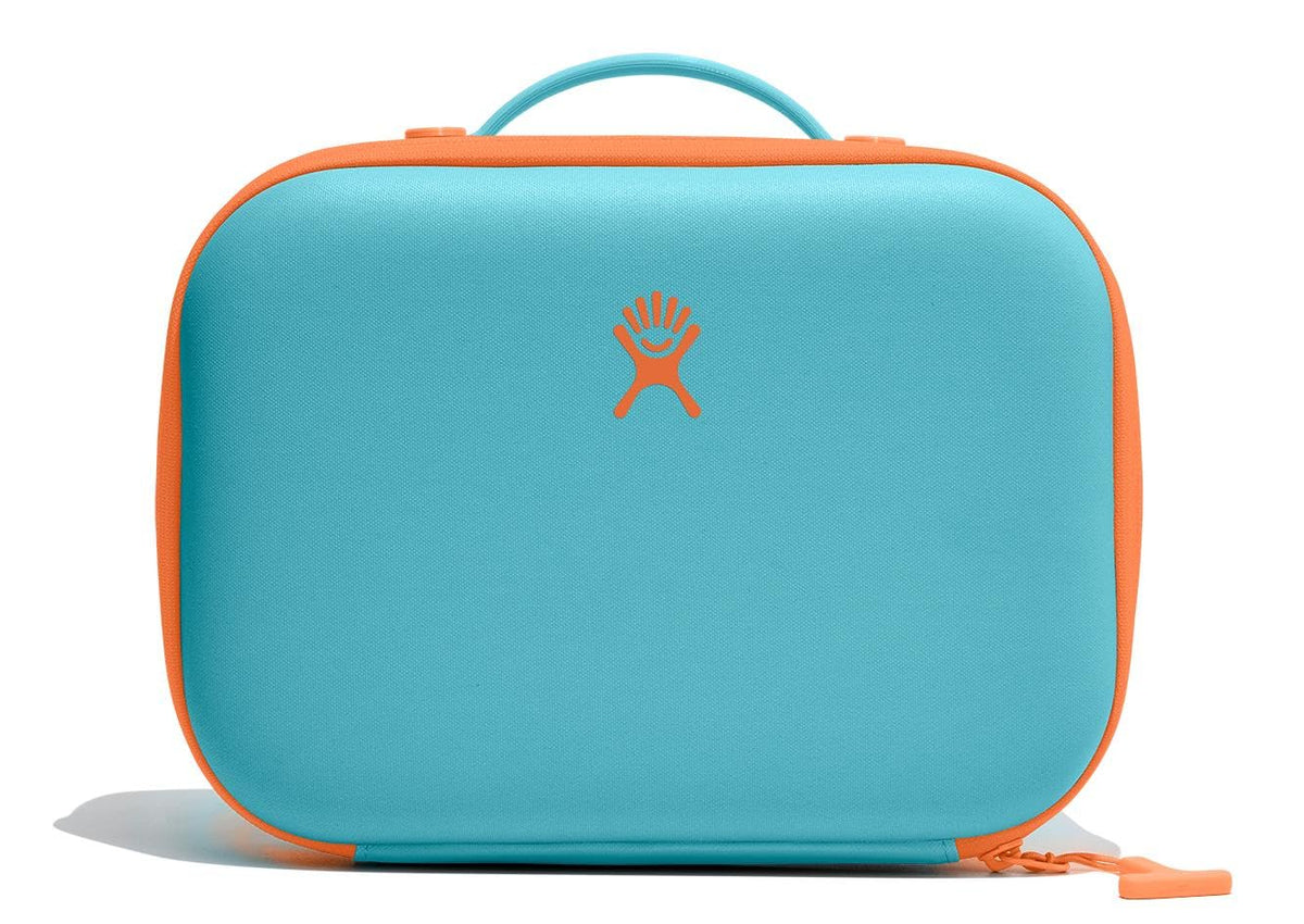 Hydro Flask front view in seaspray blue showing durable exterior and easy-carry handle benefit