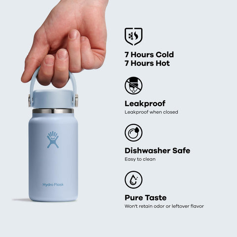 Hydro Flask micro clipped to backpack with FlexClip™ showing hands-free transport benefit