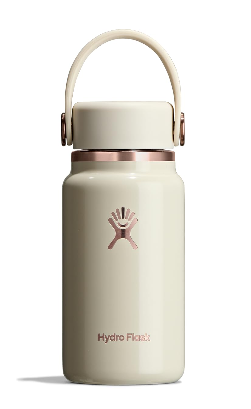 Hydro Flask micro front view showing linen rose gold color and compact benefit