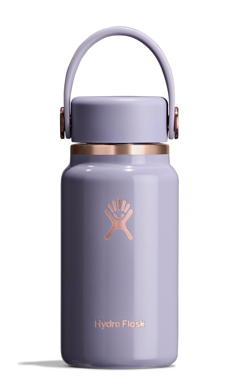 Hydro Flask micro bottle front view showing compact vapor rose gold and leakproof design benefit