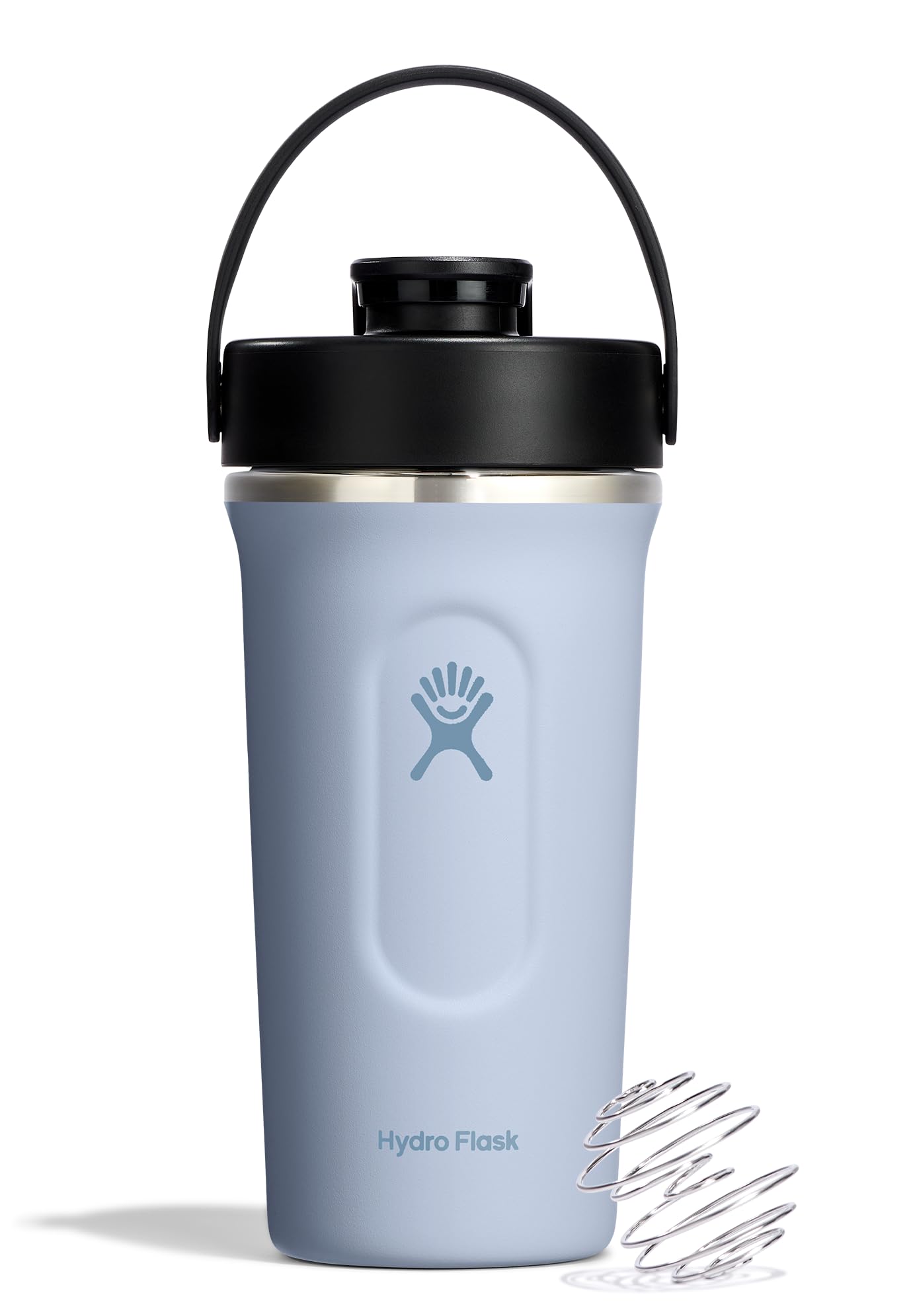 Hydro Flask front view showing Surf Blue bottle and leakproof spout benefit