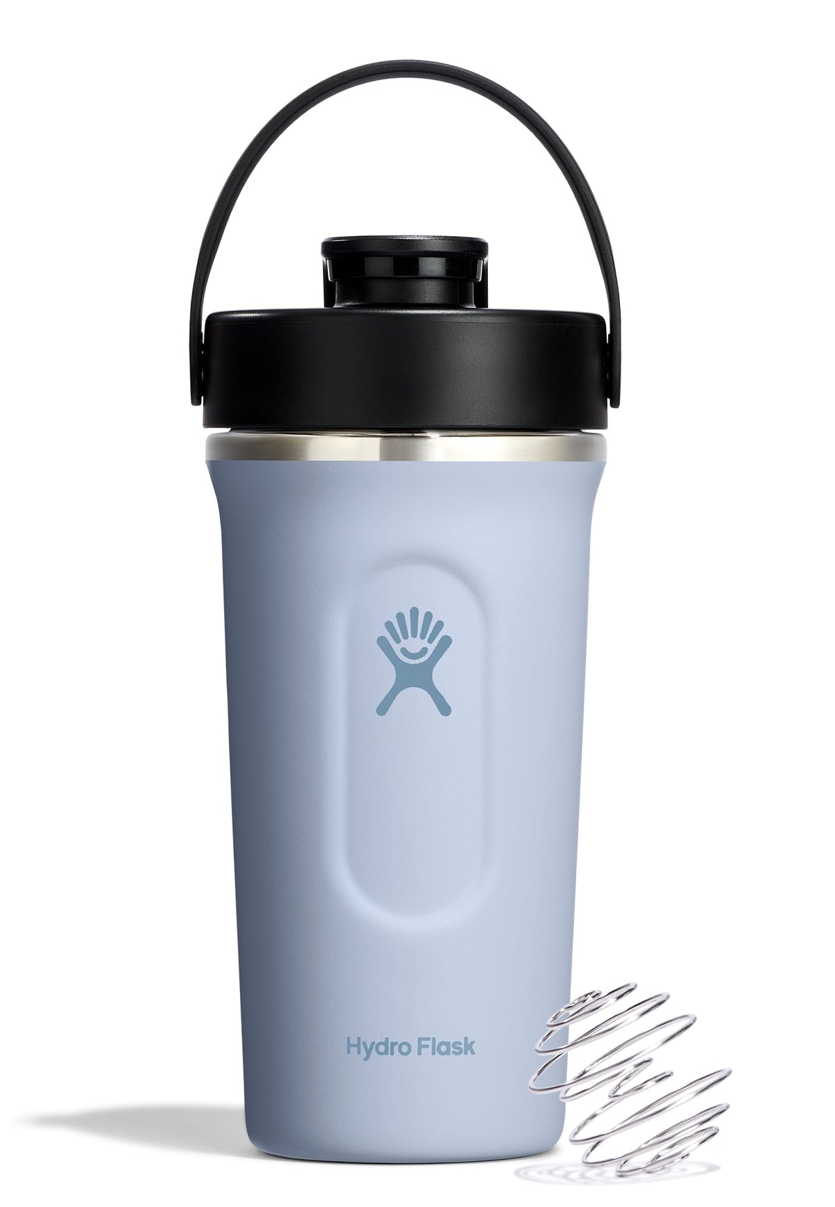 Hydro Flask front view showing Surf Blue bottle and leakproof spout benefit