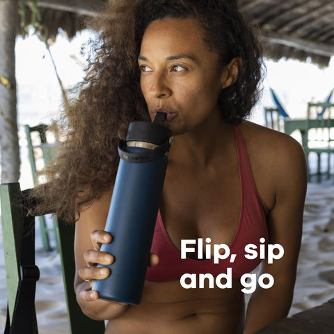 Hydro Flask next to a hand illustrating 32 oz capacity and size scale