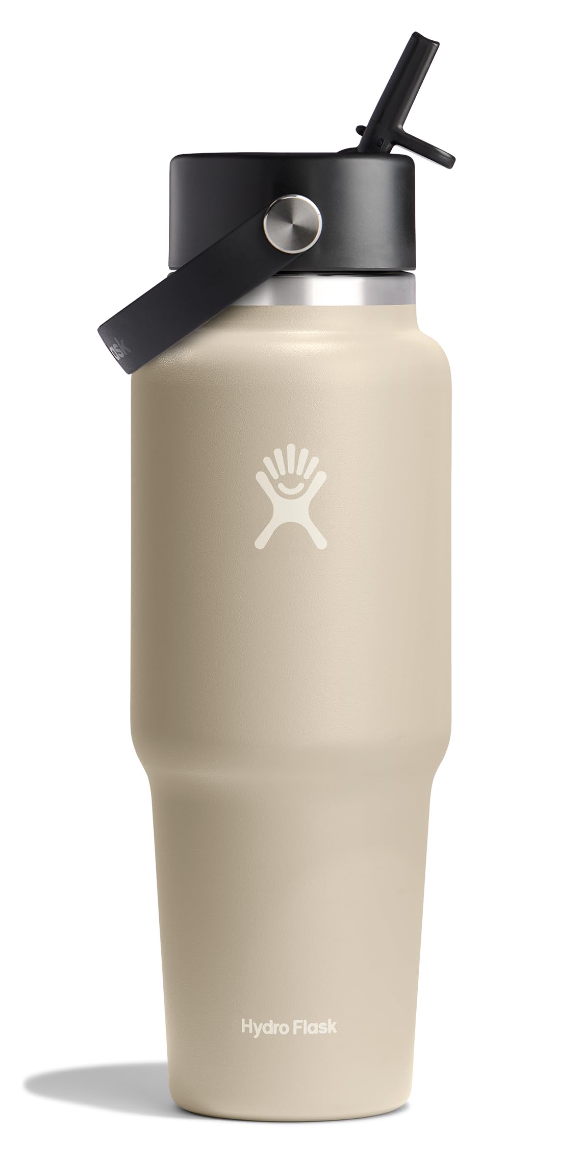 Hydro Flask front view in oat tan showing sleek cupholder-friendly shape and color