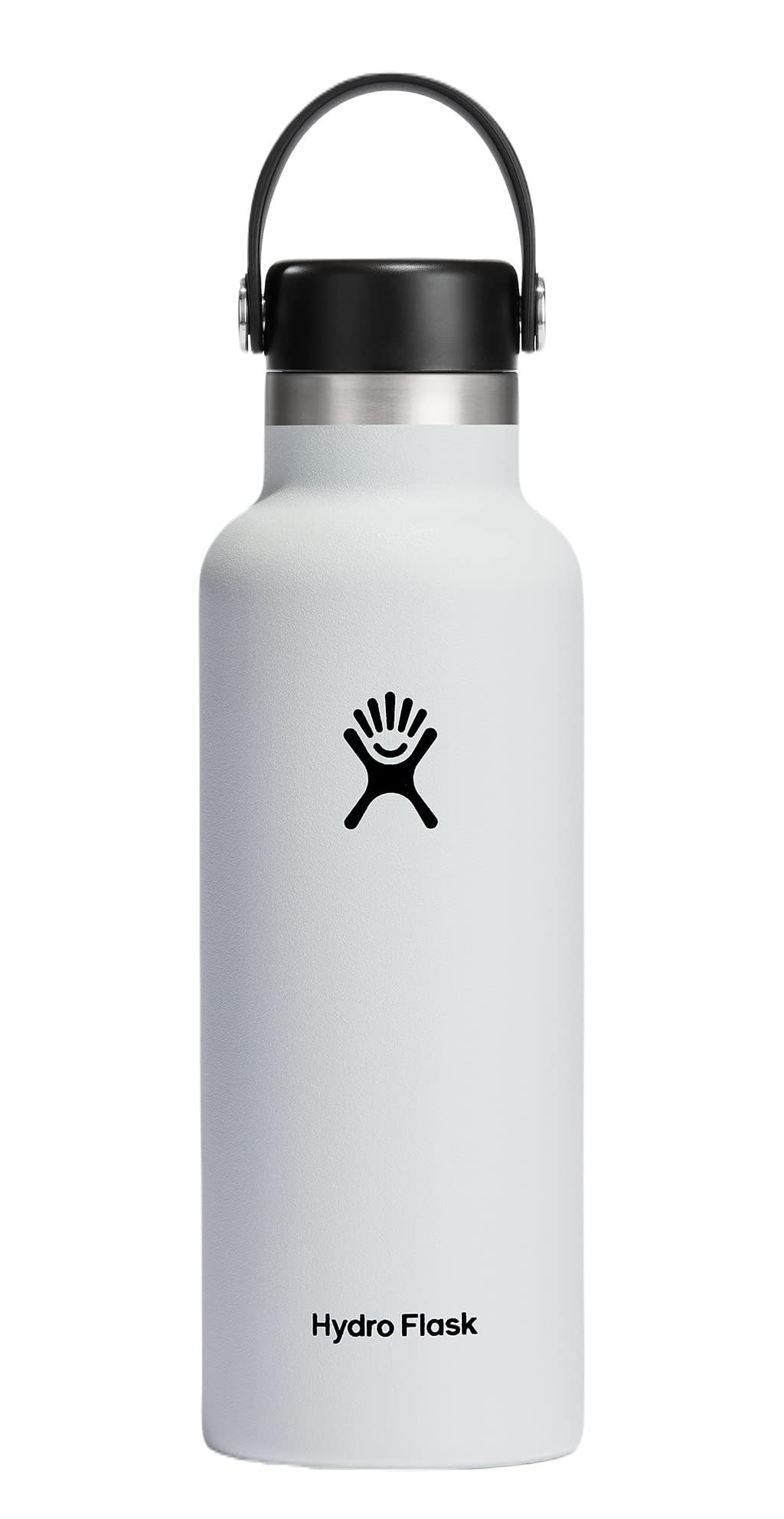 Hydro Flask white 18 oz front view showing bottle shape and powder coat for durable grip