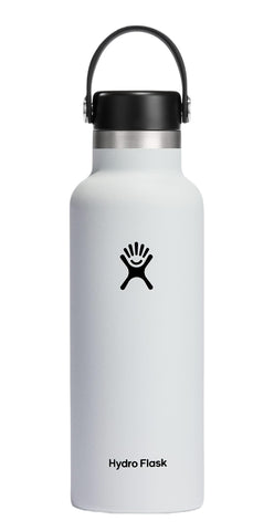 Hydro Flask white 18 oz front view showing bottle shape and powder coat for durable grip