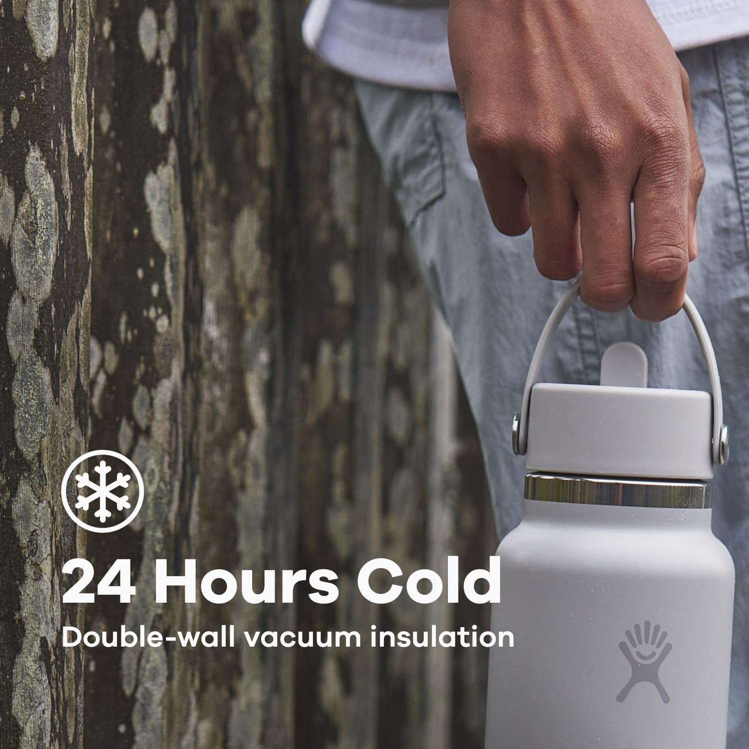 Hydro Flask filled with ice cubes emphasizing ice-friendly wide mouth and cold retention