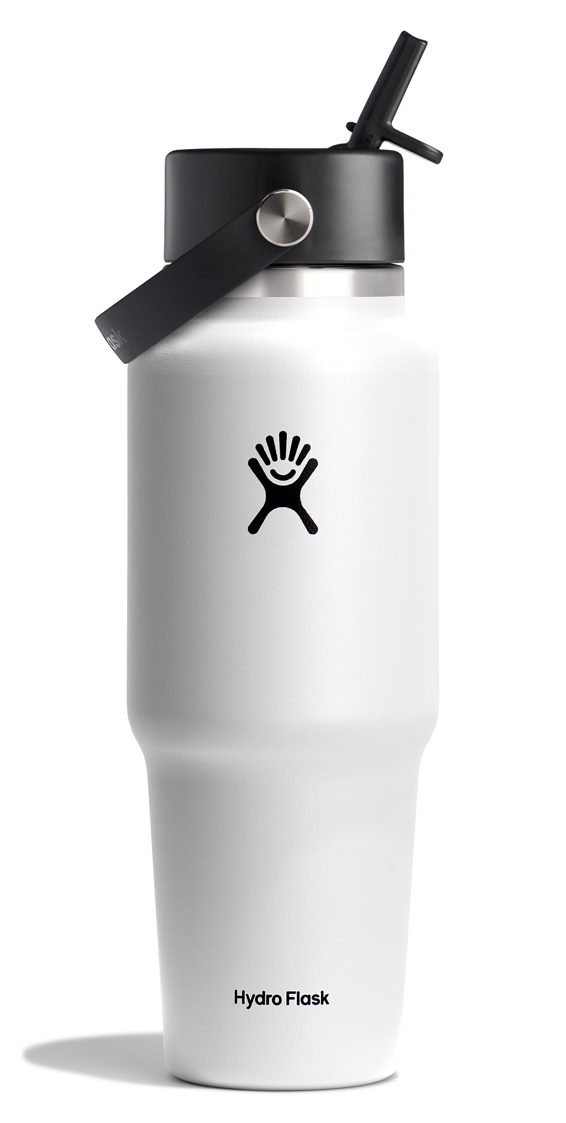 Hydro Flask front view showing white 32 oz bottle and label, durable and sleek