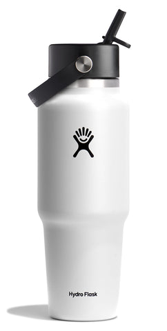 Hydro Flask front view showing white 32 oz bottle and label, durable and sleek