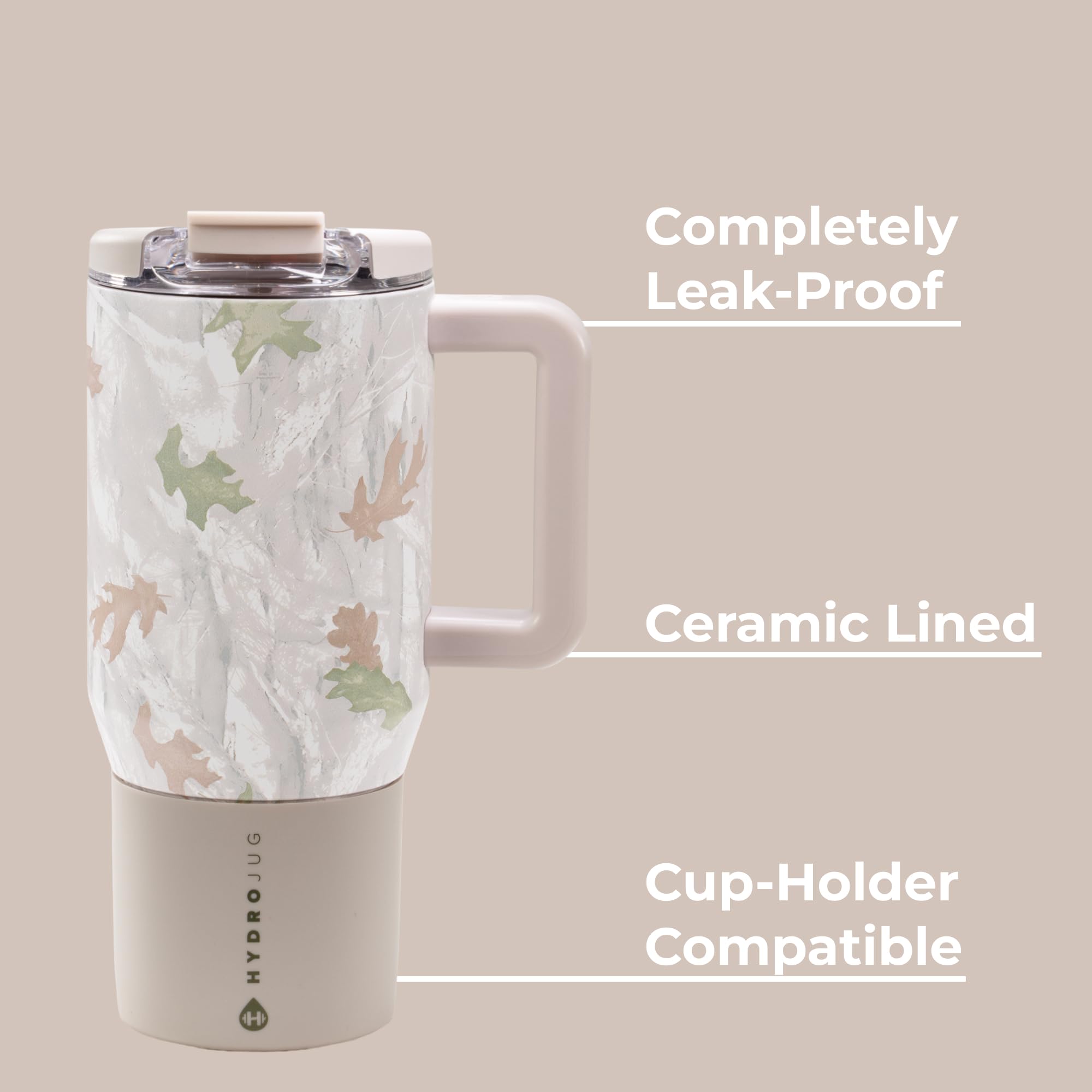 HydroJug in car cup holder demonstrating slim base and travel convenience