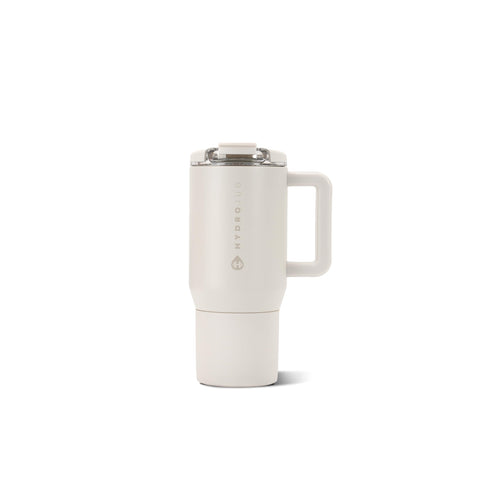 HydroJug front view linen finish showing sleek travel mug, stylish carry benefit