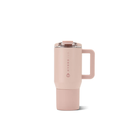 HydroJug front view showing dusty rose finish and secure lid benefits