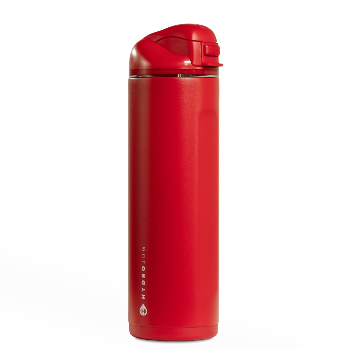 HydroJug Ease2o front view showing Alumni Red bottle and label, highlights quick identification benefit