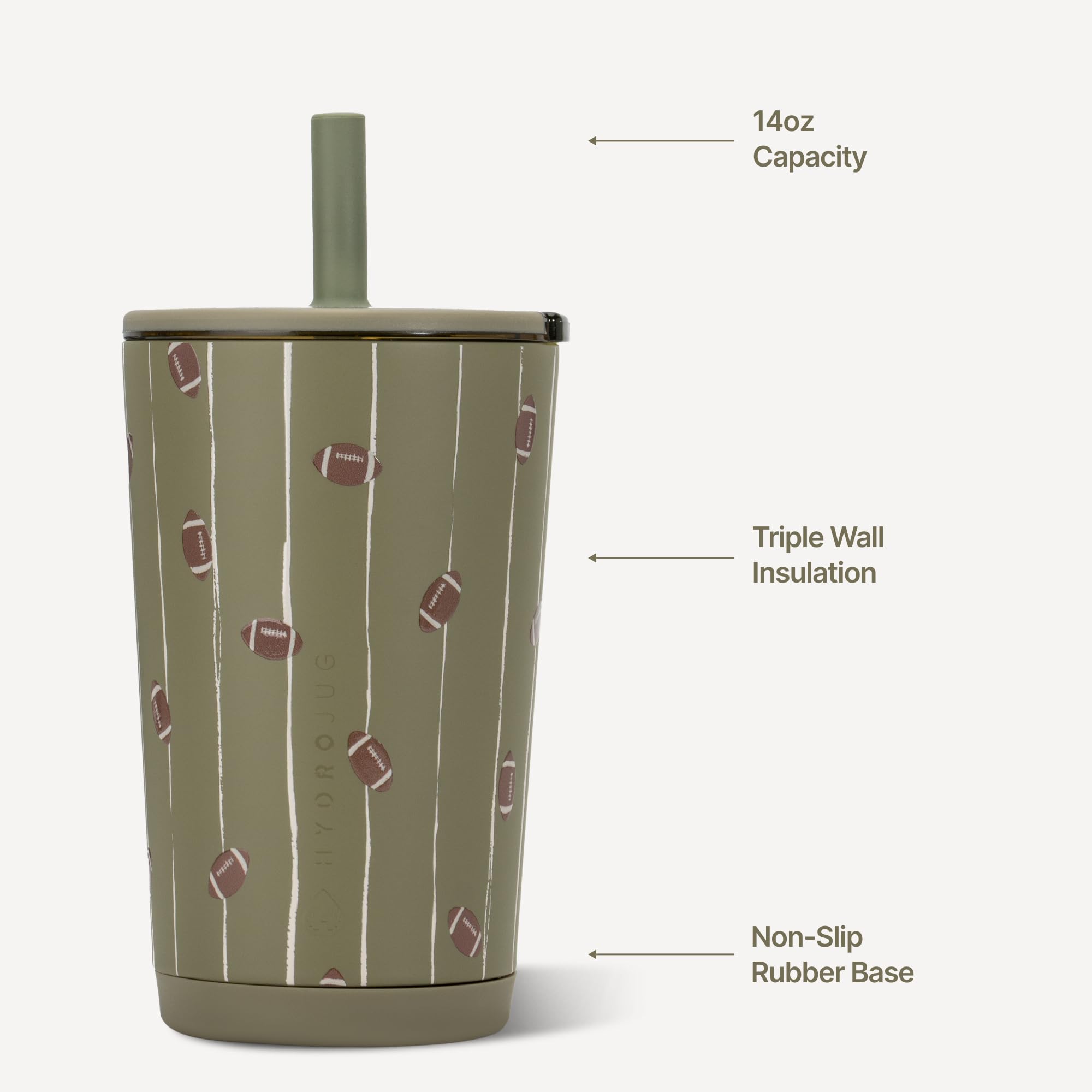 HydroJug Football soft-touch lid and flexible straw for easy sipping
