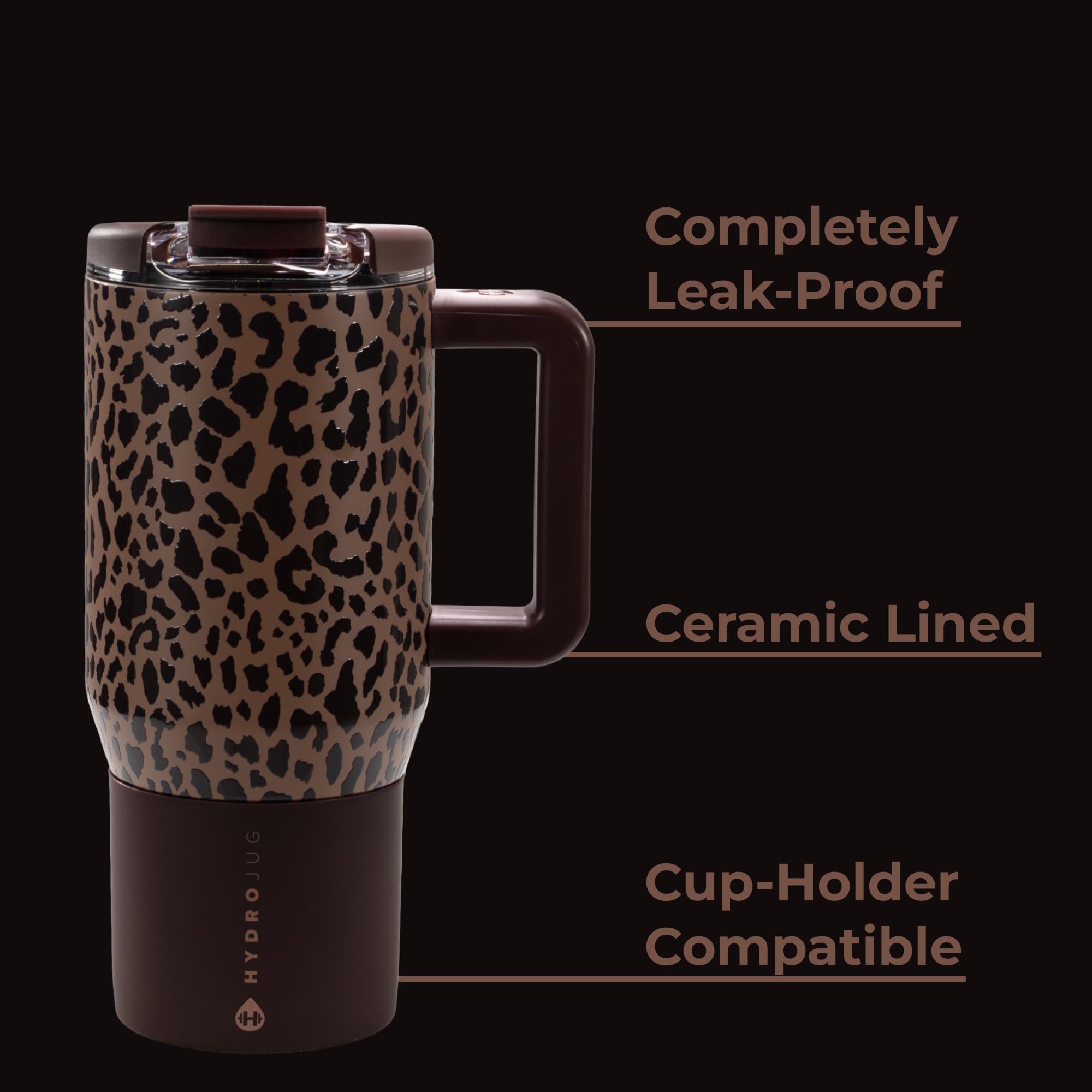 HydroJug mug seated in car cup holder proving travel stability and fit