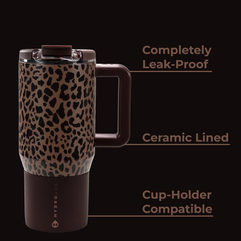 HydroJug mug seated in car cup holder proving travel stability and fit
