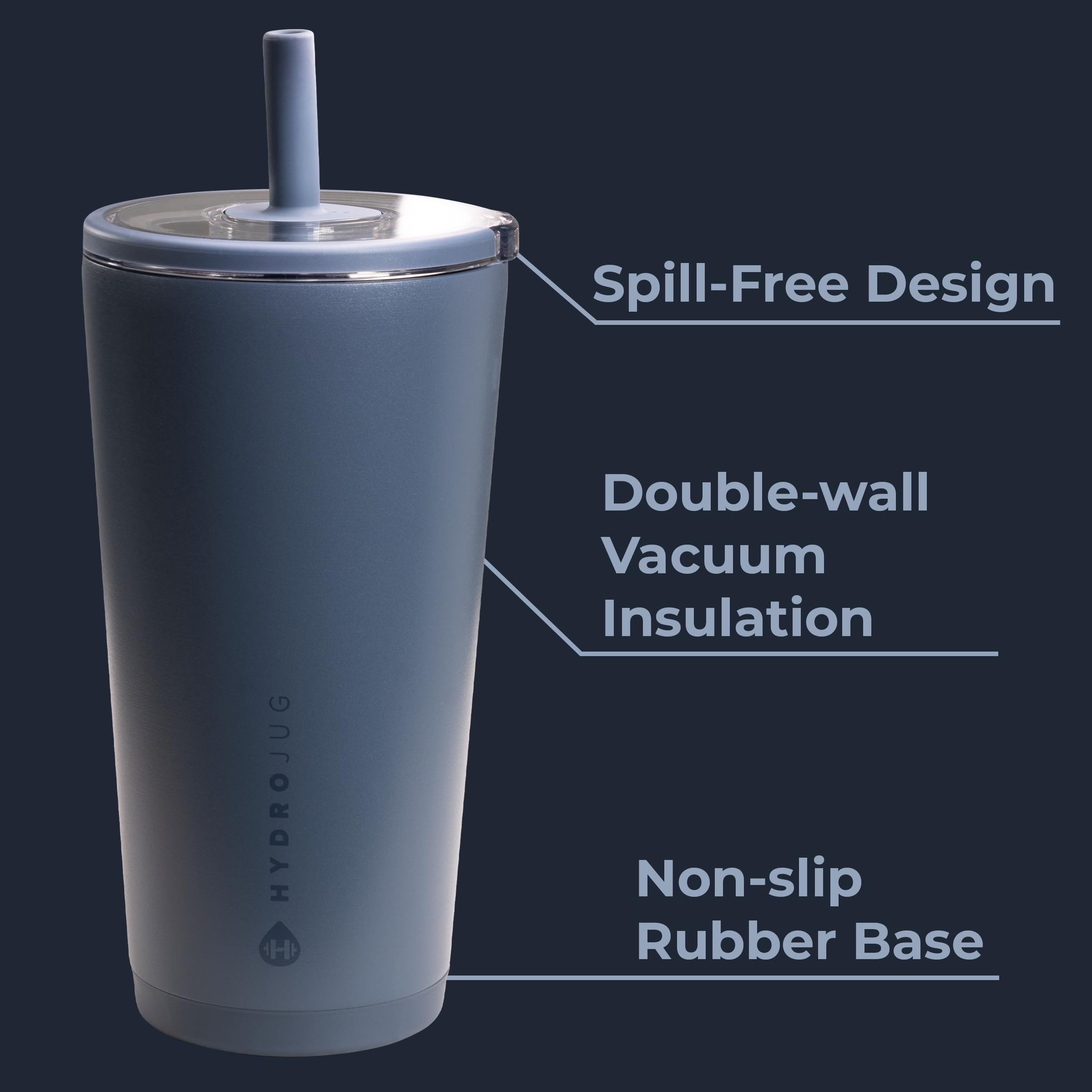 HydroJug soft-touch lid and flexible straw for comfortable, spill-reduced sipping