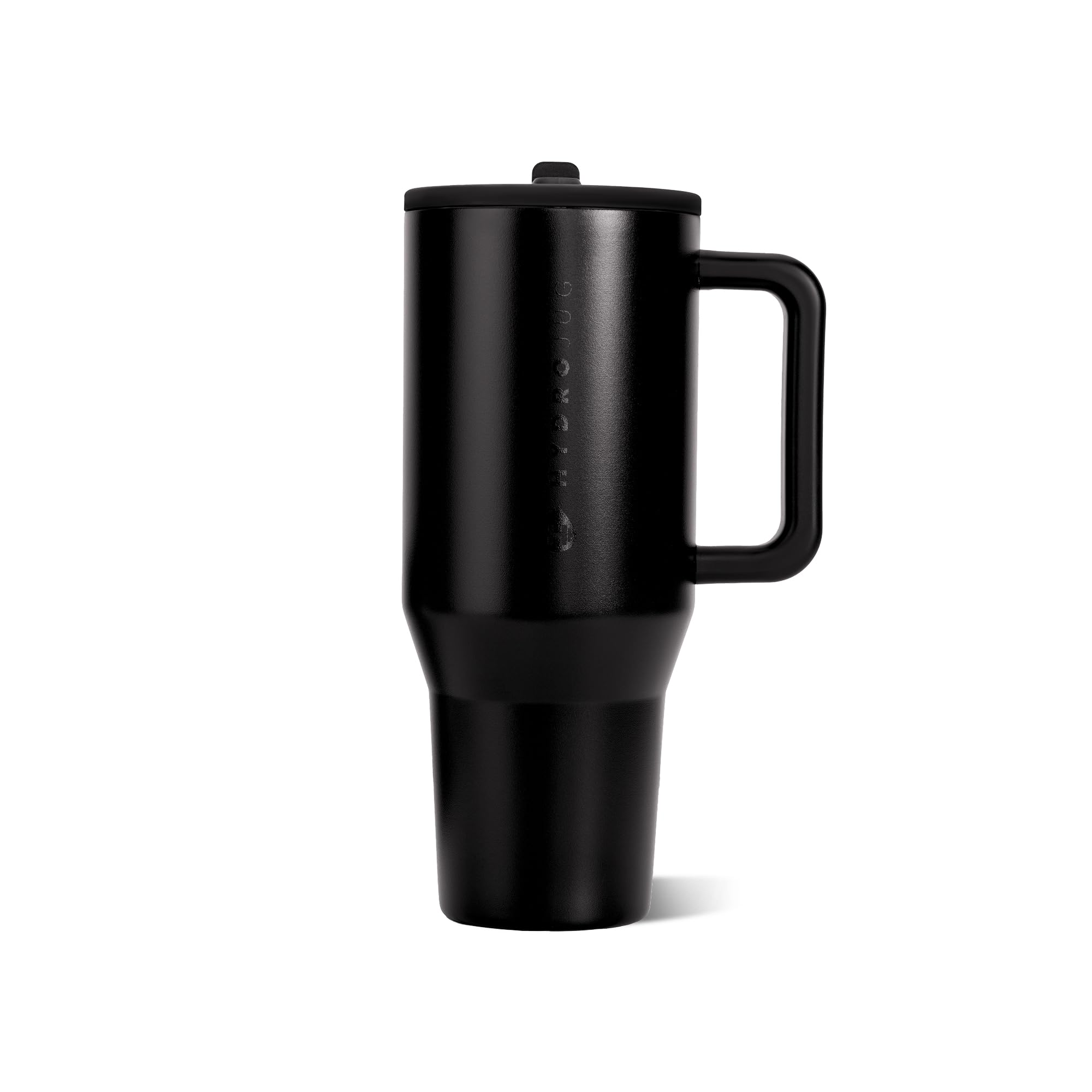 HydroJug Traveler front view black showing sleek insulated tumbler and handle for easy carrying