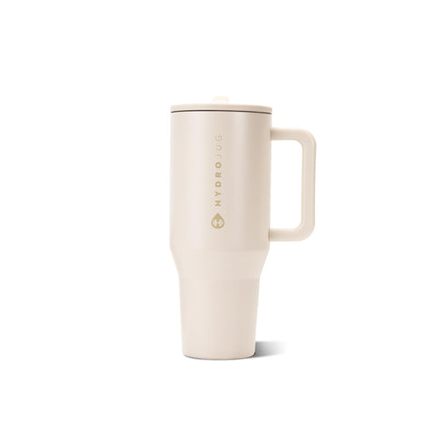 HydroJug Traveler cream front view showing insulated tumbler and elegant finish for all‑day use