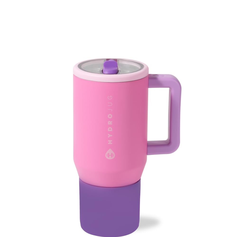 HydroJug Traveler front view showing Pink Sugar bottle and spill-proof design
