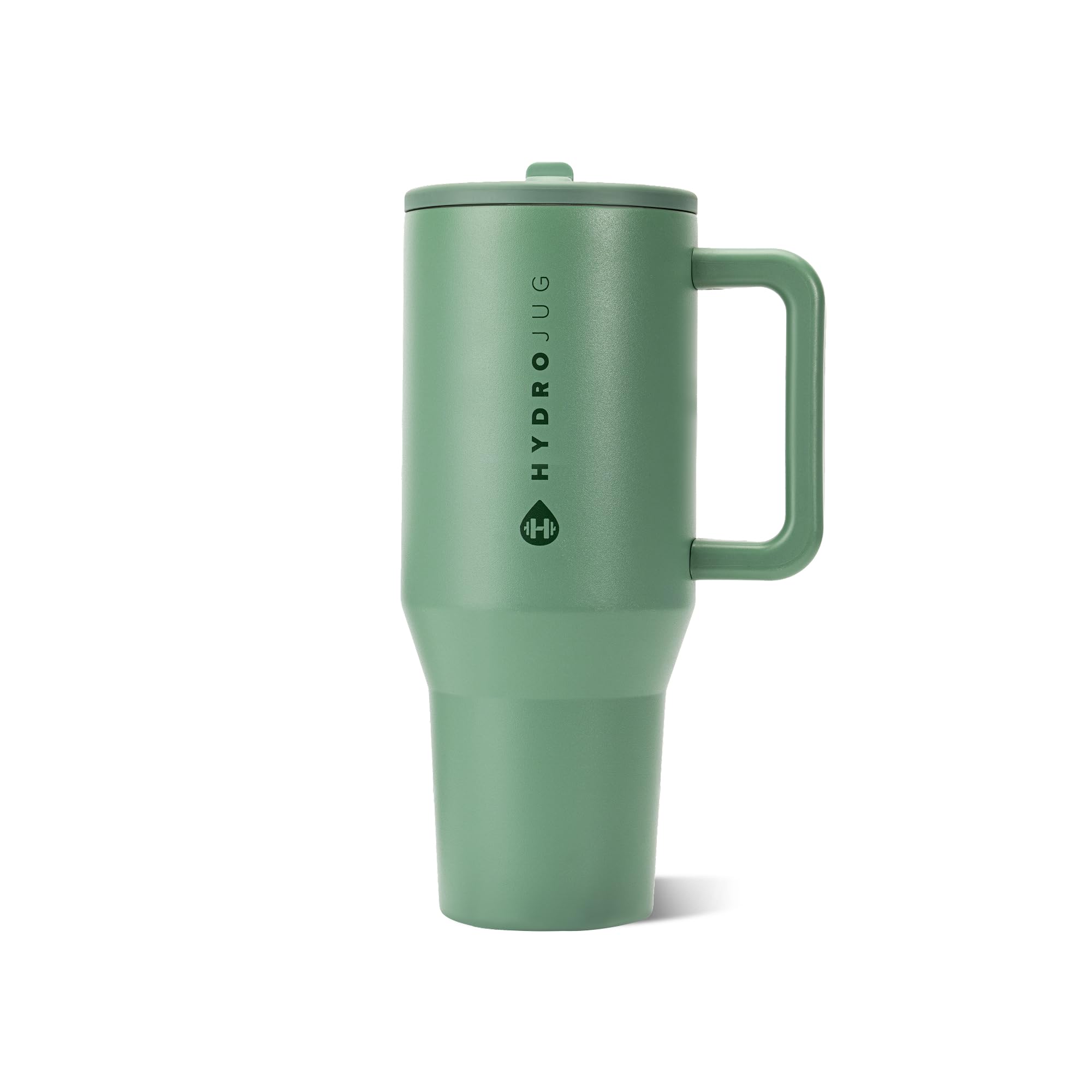 HydroJug Traveler sage front view showing sleek insulated tumbler and handle benefit