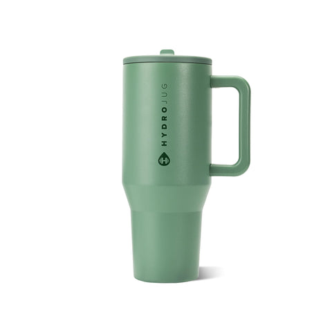 HydroJug Traveler sage front view showing sleek insulated tumbler and handle benefit