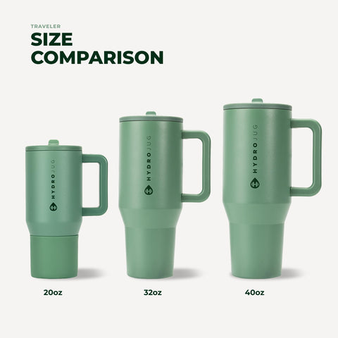 HydroJug Traveler held in hand to show size and 40oz capacity benefit