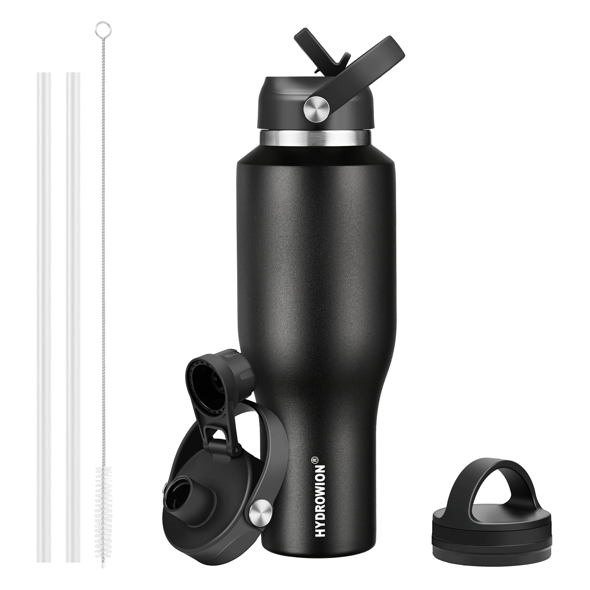 HYDROWION front view showing black insulated bottle and logo, highlights sleek profile