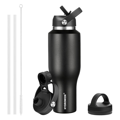 HYDROWION front view showing black insulated bottle and logo, highlights sleek profile