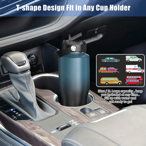 HYDROWION in car cup holder demonstrating snug fit and travel convenience