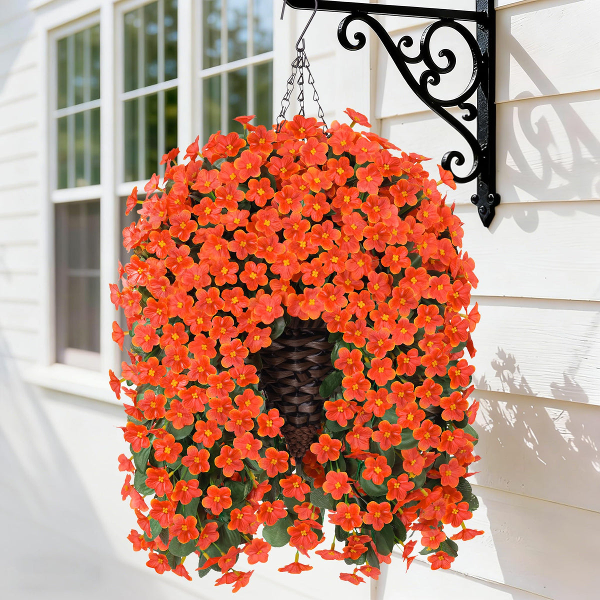HyeFlora front view hanging basket showing vibrant orange mums and full shape benefit curb appeal