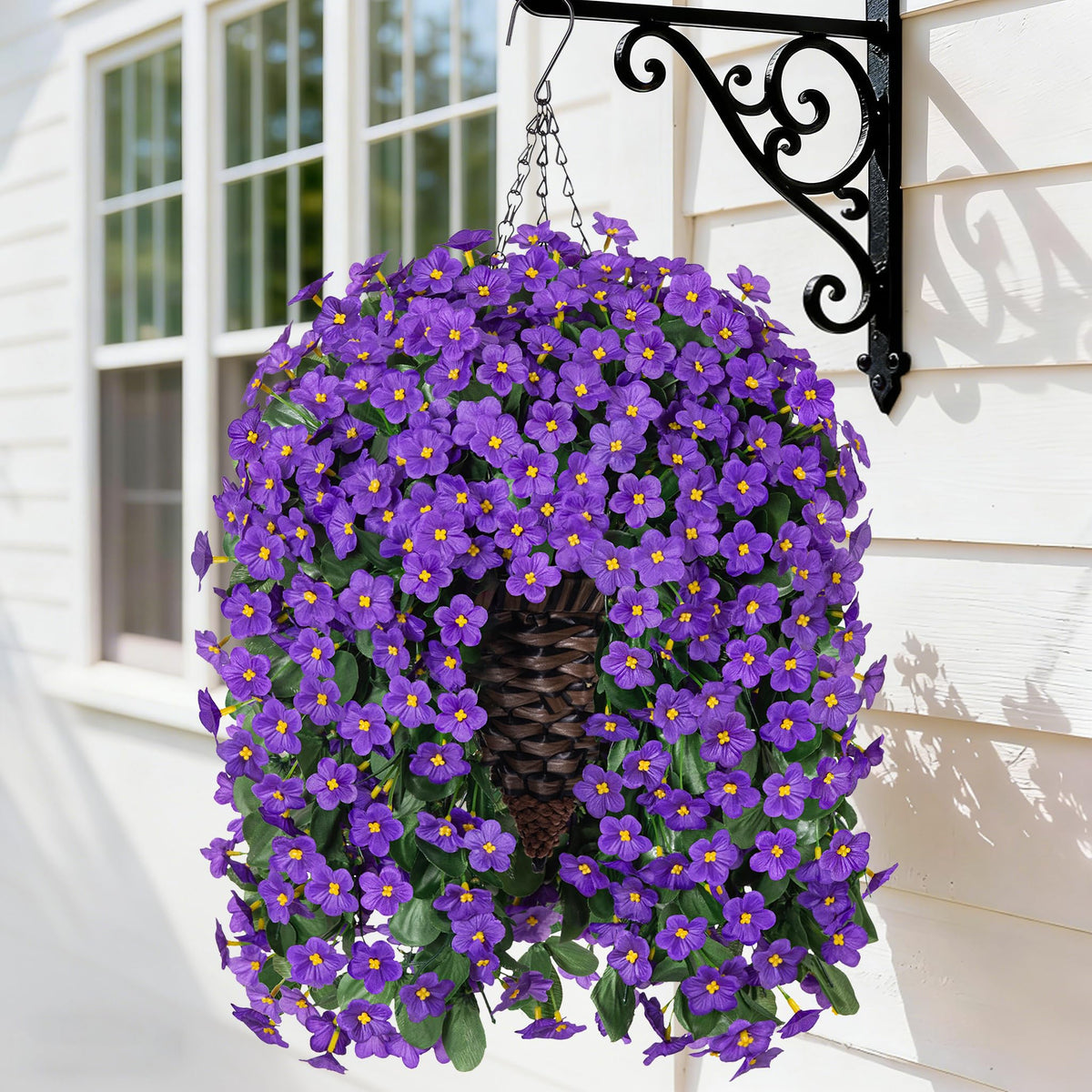 HyeFlora front view of hanging basket showing lifelike blooms and curb appeal