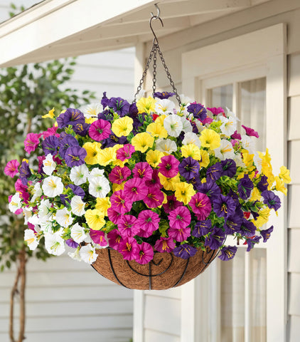 HyeFlora front view hanging basket showing full floral display and instant curb appeal